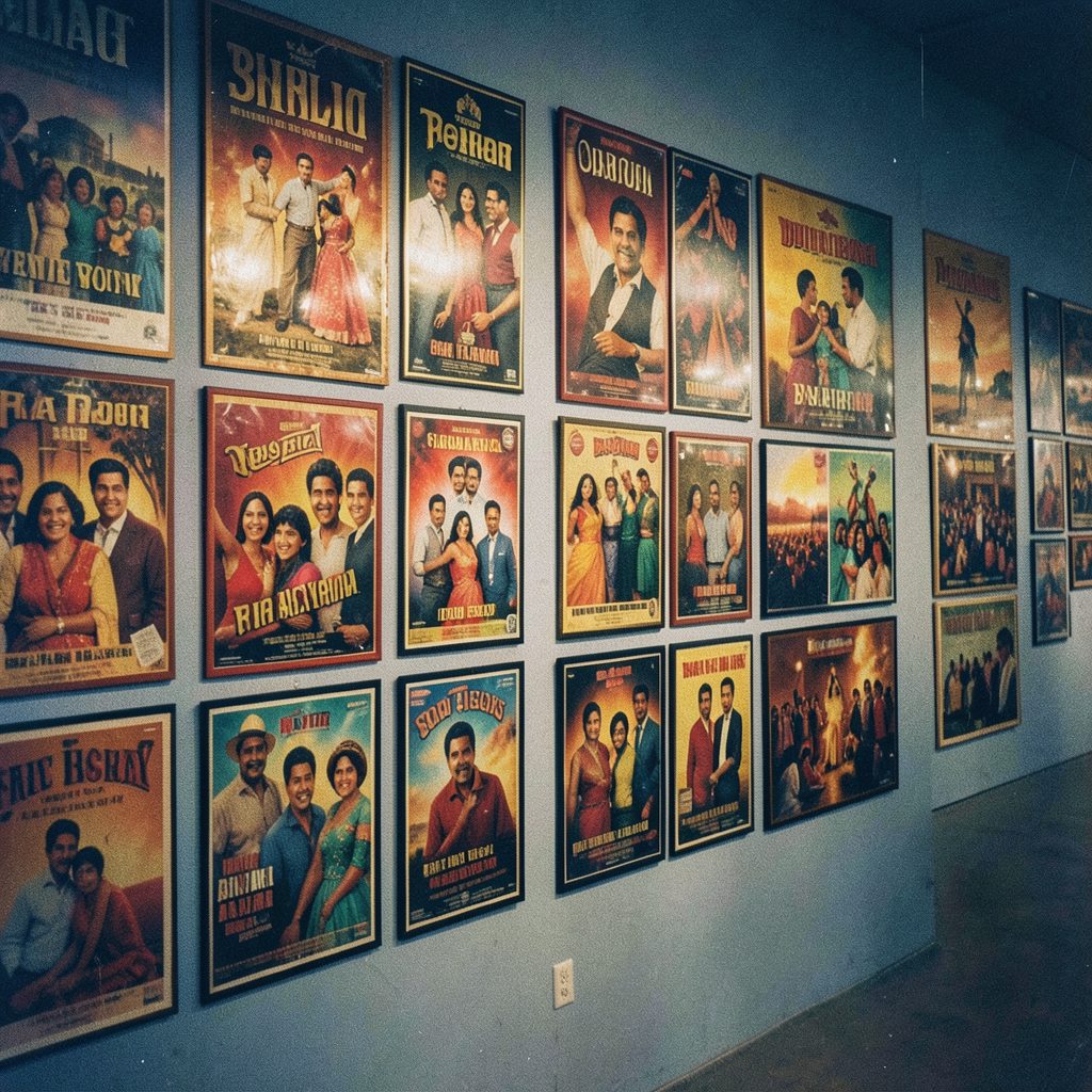 A grainy analog film photograph of a gallery wall covered with vibrant Bollywood film posters, rich jewel tones of deep magenta, gold, and teal