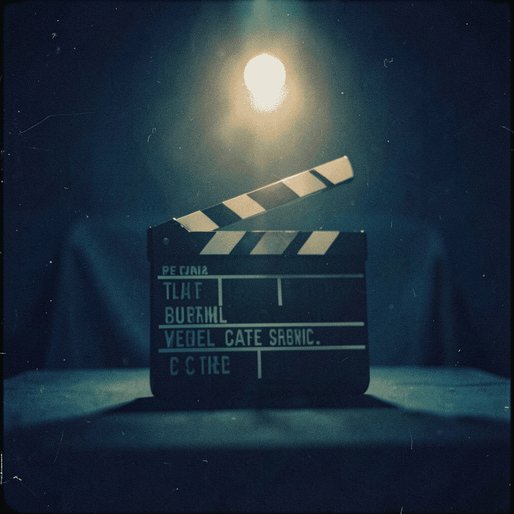 A grainy analog film still of a movie clapperboard on a dimly lit set, deep navy and teal shadows with a single warm tungsten highlight