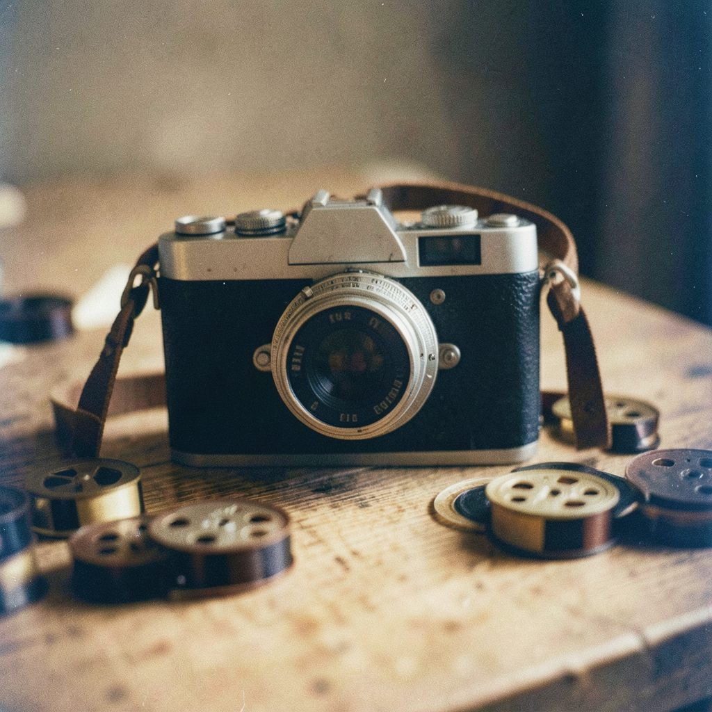 A grainy analog film photograph of a vintage film camera resting on a wooden surface beside scattered film reels, warm sepia tones and soft shadows